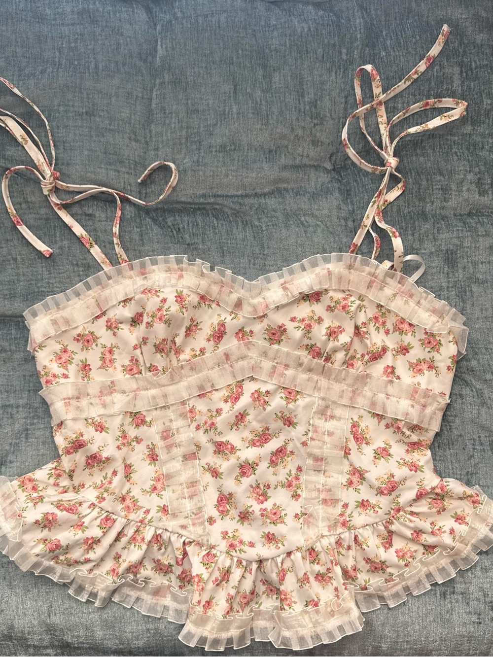 Sweet Floral Ruffle Bustier Top - Pink & Cream